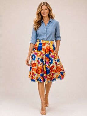 Liz Claiborne Floral Pleated Linen Skirt with Pockets A-Line Midi Size 10